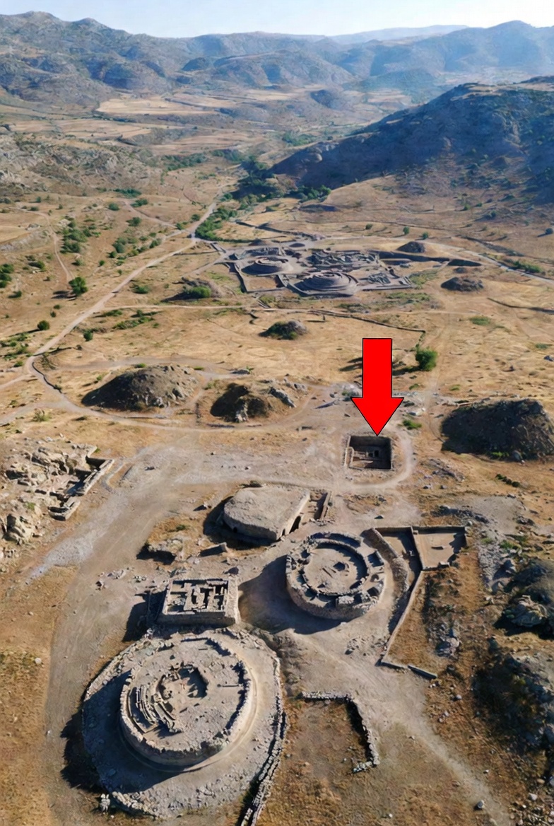 Aerial photograph of the Göbekli Tepe archaeological complex. Red arrow indicates the location of the newly identified sub-surface chamber beneath Enclosure H.